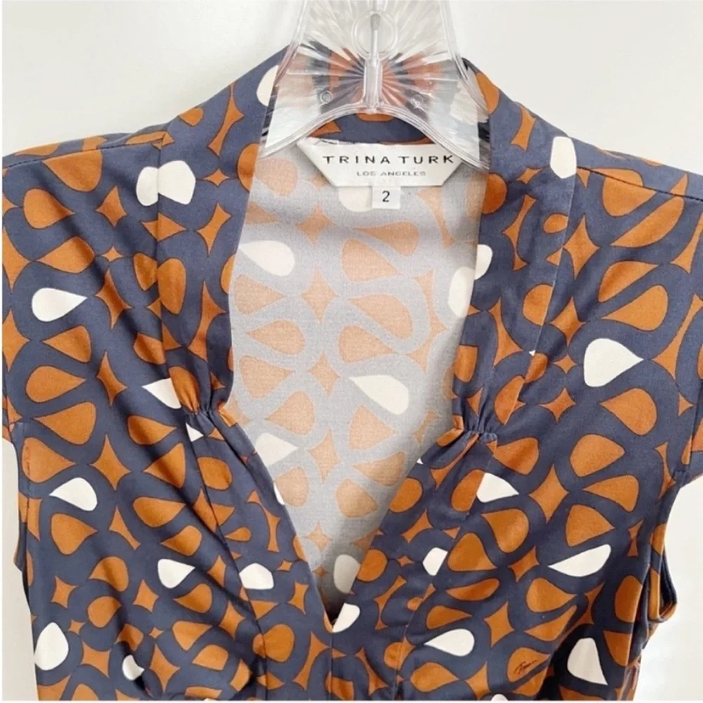 Trina Turk top orange navy blue mod retro empire waist zipper silk - Picture 6 of 9